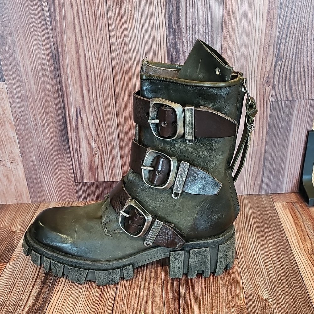 A.S.98 Green Leather Buckle Boots - Picture 2 of 11